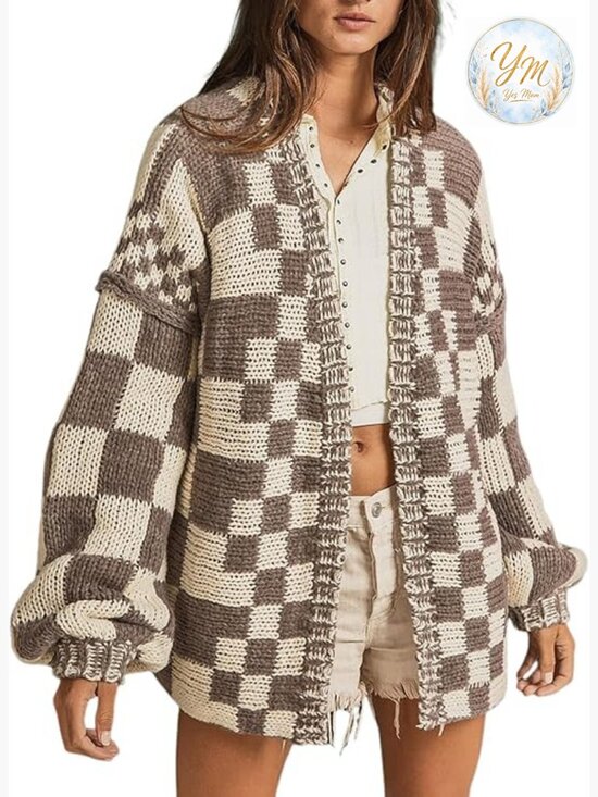 Sweaters - Vintage Open Front Chunky Knit Plaid Long Sleeve Cardigan